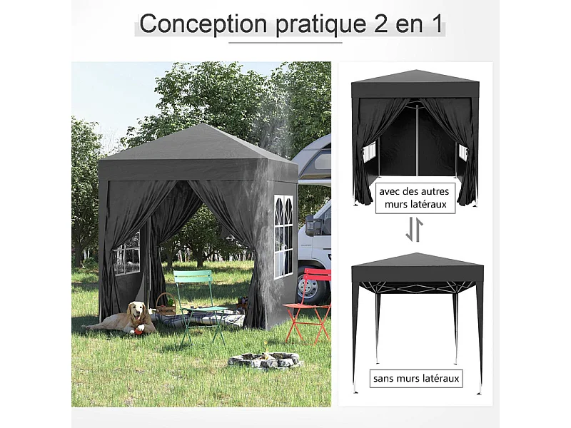 Tonnelle Pliable 4 m² - 2 fenêtres 4 Côtés - Acier et tissu Oxford - 2 portes avec fermeture éclair