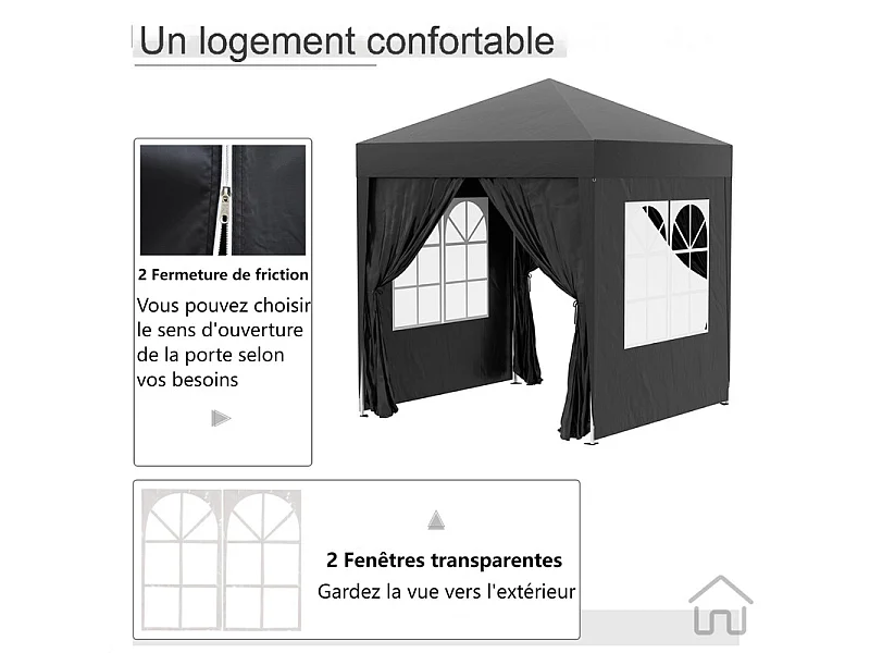 Tonnelle Pliable 4 m² - 2 fenêtres 4 Côtés - Acier et tissu Oxford - 2 portes avec fermeture éclair