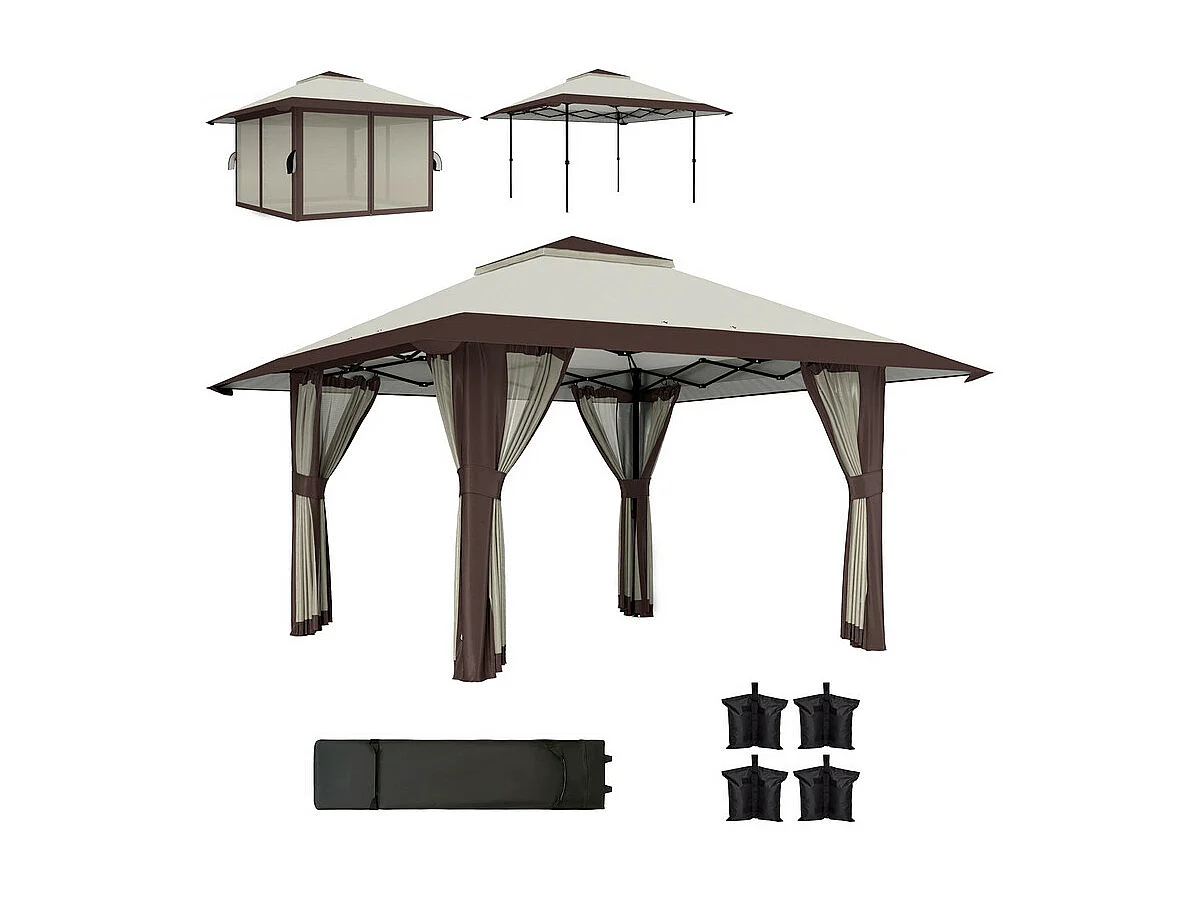 Pop-up gazebo van UPF50+ Oxford-stof 4x4m 16 m² met zandzakken, 4 gordijnen, draagtas - hoogte verstelbaar - Beige