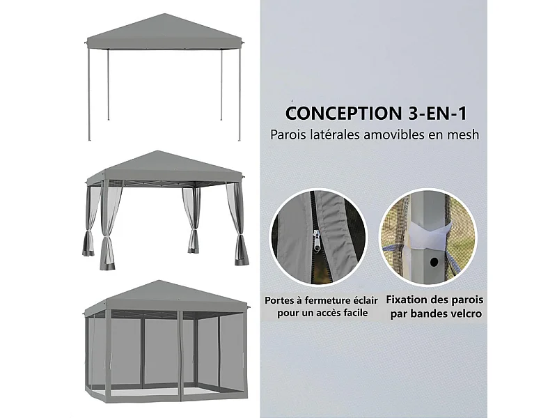 Gazebo in acciaio e tessuto Oxford 420D - 3x3m 9 m² - con tende - 2 porte con zip