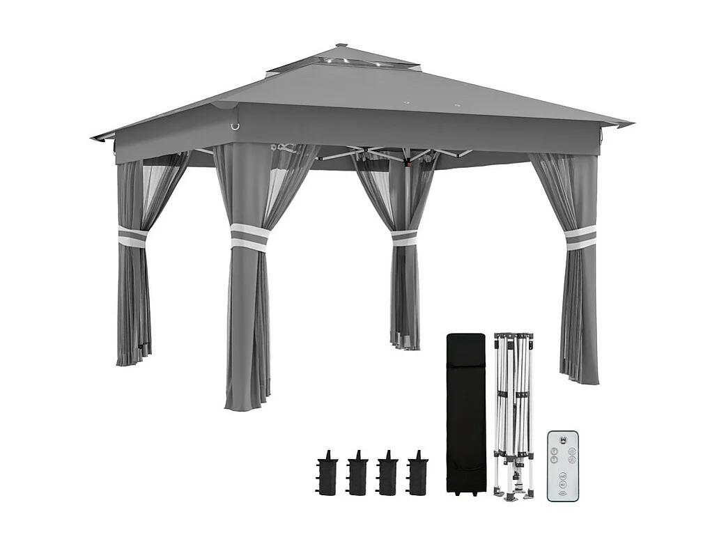 Toldo Portátil 3x3m, Pop-up, com LED solar, 4 cortinas, telhado duplo, altura ajustável, bolsa de transporte com rodas