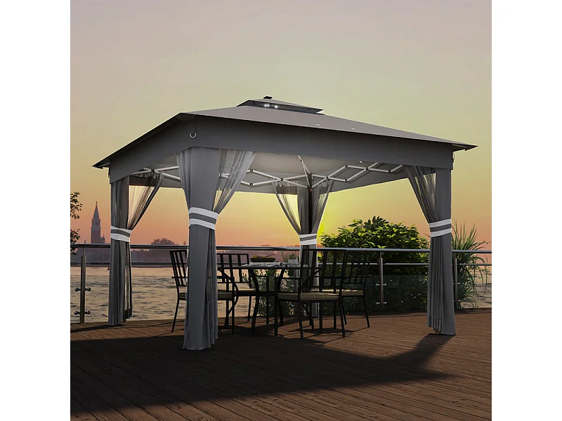 Toldo Portátil 3x3m, Pop-up, com LED solar, 4 cortinas, telhado duplo, altura ajustável, bolsa de transporte com rodas