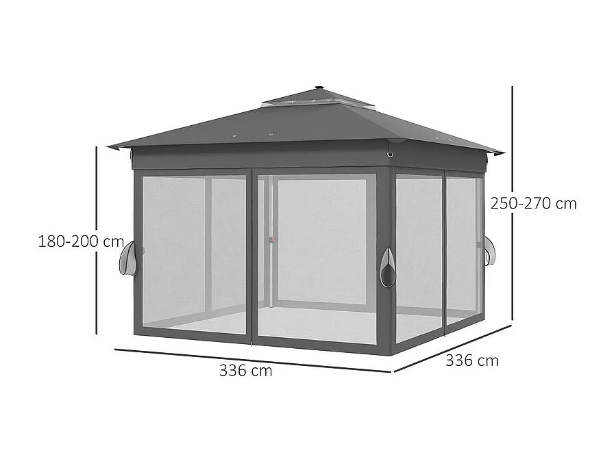Toldo Portátil 3x3m, Pop-up, com LED solar, 4 cortinas, telhado duplo, altura ajustável, bolsa de transporte com rodas