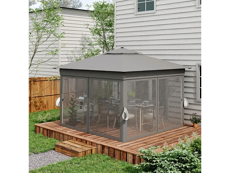 Toldo Portátil 3x3m, Pop-up, com LED solar, 4 cortinas, telhado duplo, altura ajustável, bolsa de transporte com rodas