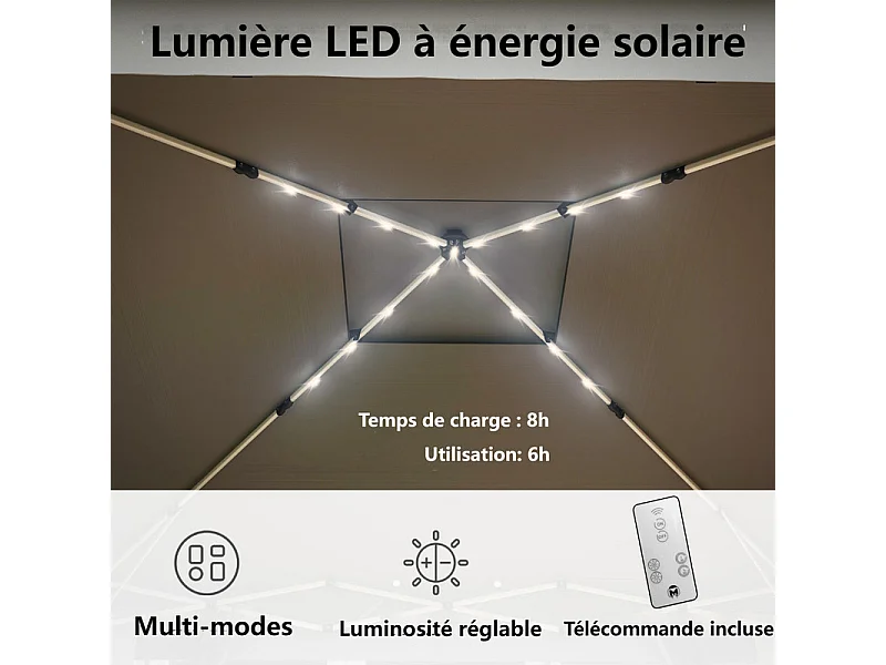 Toldo Portátil 3x3m, Pop-up, com LED solar, 4 cortinas, telhado duplo, altura ajustável, bolsa de transporte com rodas