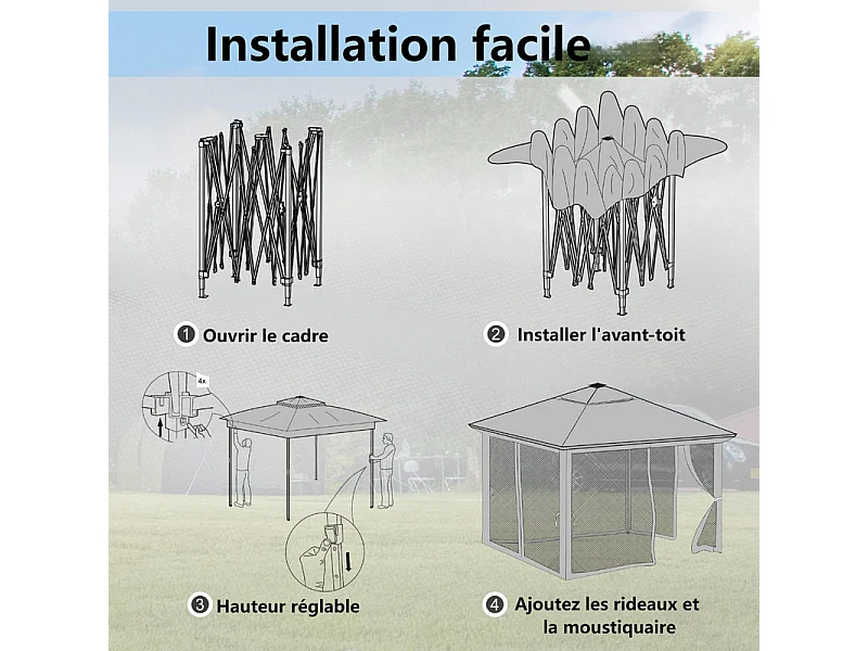 Toldo Portátil 3x3m, Pop-up, com LED solar, 4 cortinas, telhado duplo, altura ajustável, bolsa de transporte com rodas