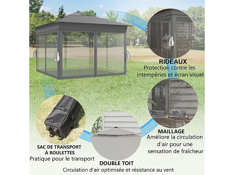 Toldo Portátil 3x3m, Pop-up, com LED solar, 4 cortinas, telhado duplo, altura ajustável, bolsa de transporte com rodas