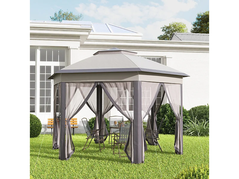 Tonnelle de Jardin Portable 4x4m - Pavillon Pop-up - 2 toit hexagonal - 6 porte à fermeture éclair - Beige