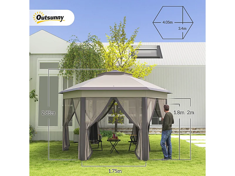 Tonnelle de Jardin Portable 4x4m - Pavillon Pop-up - 2 toit hexagonal - 6 porte à fermeture éclair - Beige