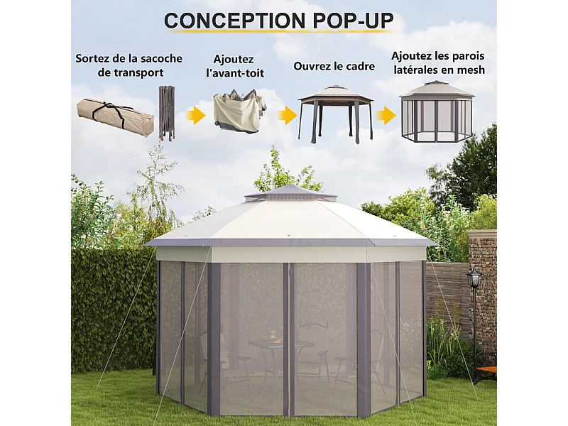 Tonnelle de Jardin Portable 4x4m - Pavillon Pop-up - 2 toit hexagonal - 6 porte à fermeture éclair - Beige