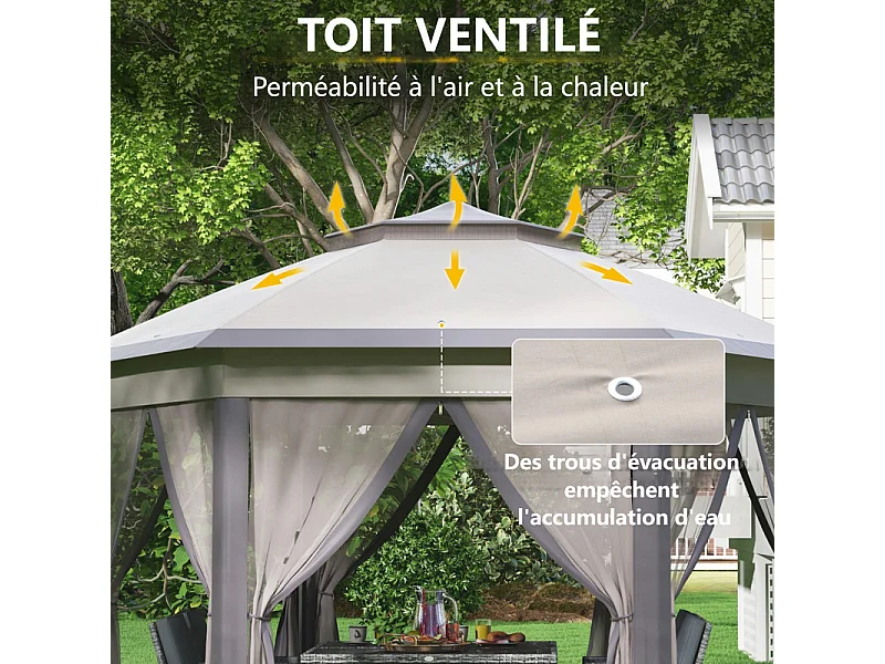 Tonnelle de Jardin Portable 4x4m - Pavillon Pop-up - 2 toit hexagonal - 6 porte à fermeture éclair - Beige