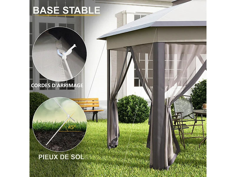 Tonnelle de Jardin Portable 4x4m - Pavillon Pop-up - 2 toit hexagonal - 6 porte à fermeture éclair - Beige