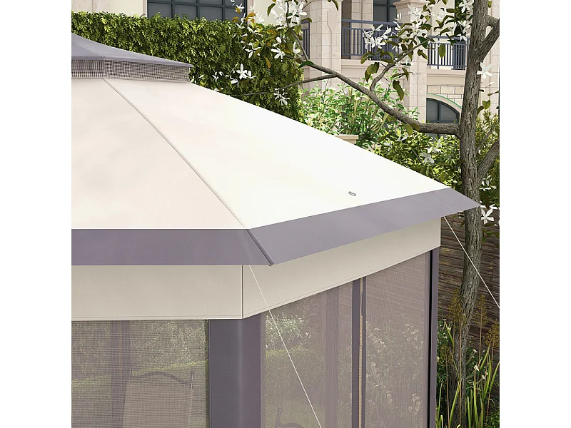 Tonnelle de Jardin Portable 4x4m - Pavillon Pop-up - 2 toit hexagonal - 6 porte à fermeture éclair - Beige