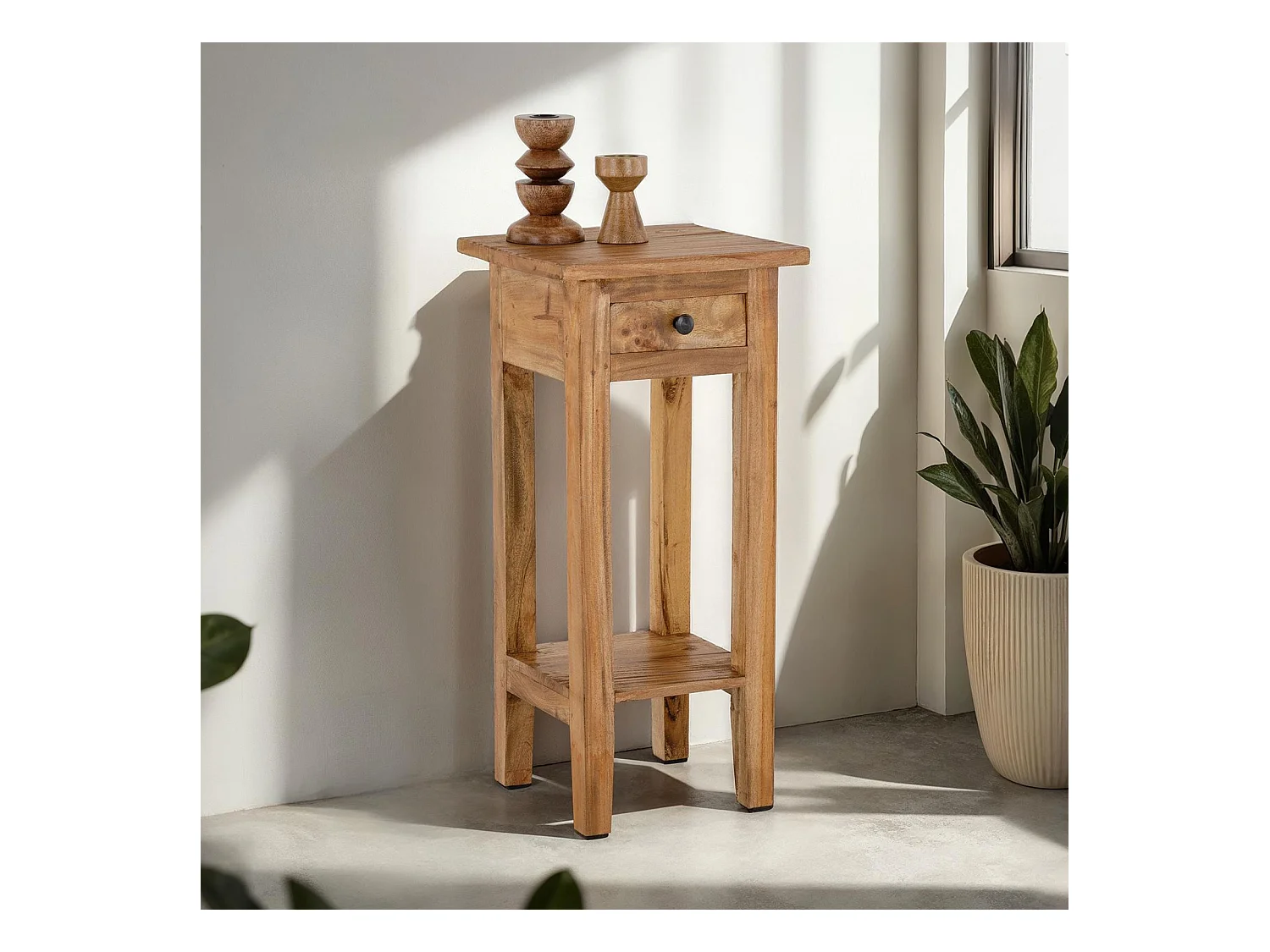 Table d'appoint GERBIER H 66 cm, en acajou, coloris rustique avec 1 tiroir et 1 étagère style campagne