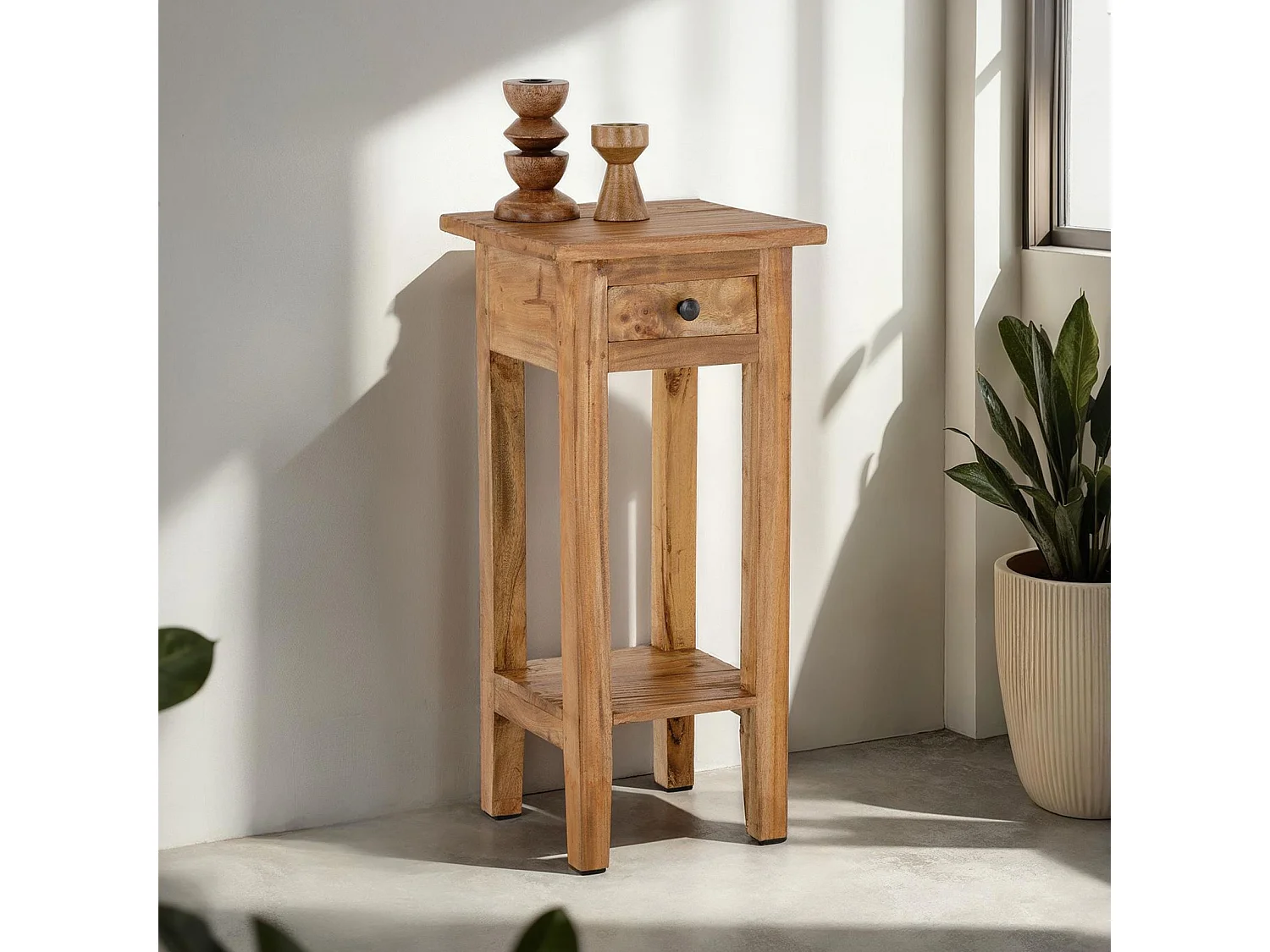 Table d'appoint GERBIER H 66 cm, en acajou, coloris rustique avec 1 tiroir et 1 étagère style campagne