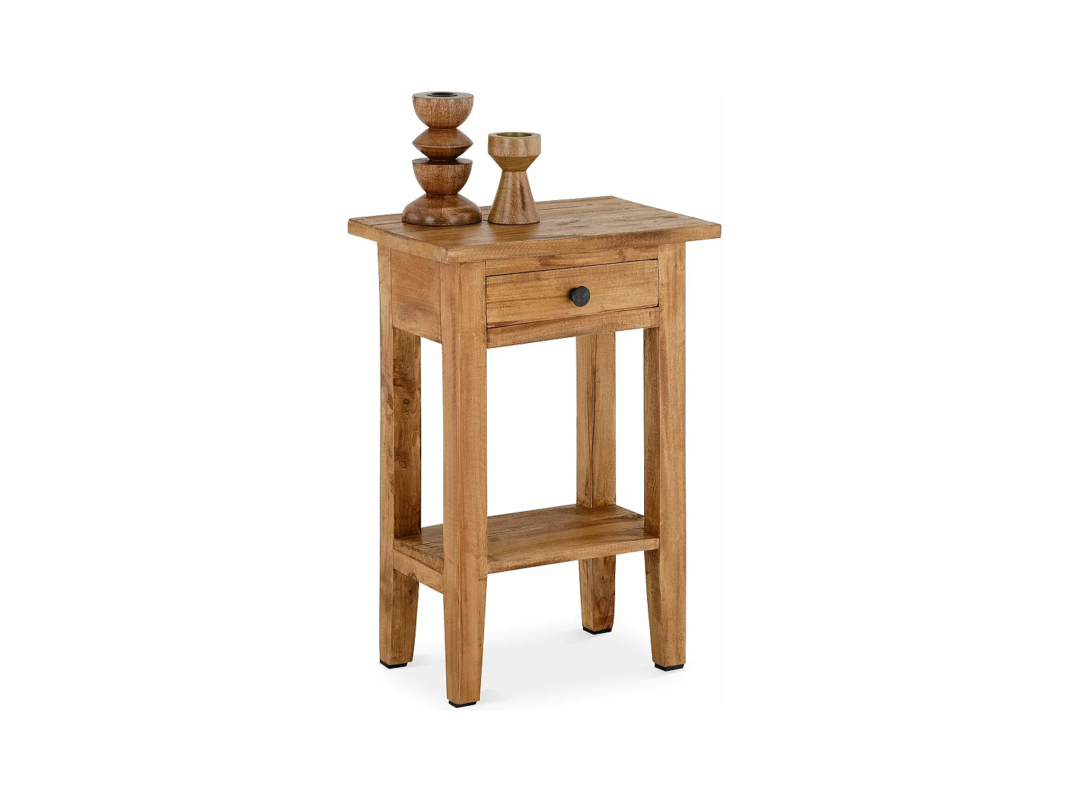 Table d'appoint BOSSONS H 51 cm  en acajou de coloris rustique, petit meuble avec 1 tiroir et 1 étagère