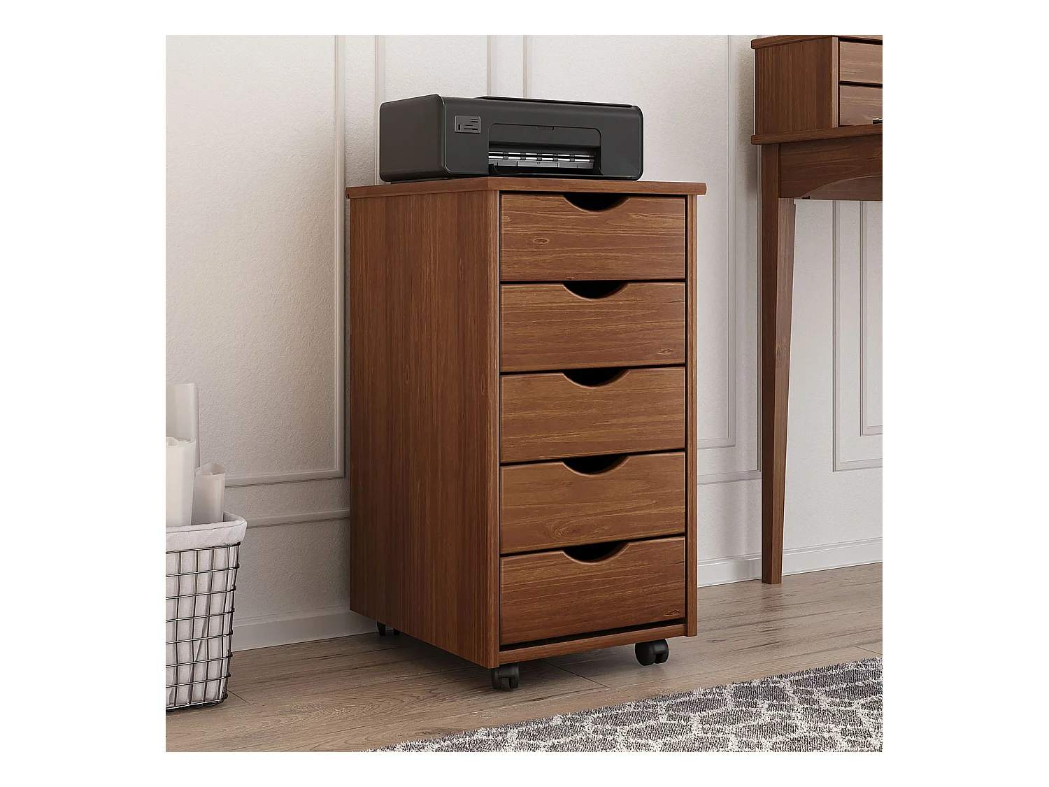 Caisson de bureau LAGOS L 35 cm, en bois massif, meuble de rangement sur roulettes avec 5 tiroirs, coloris brun foncé