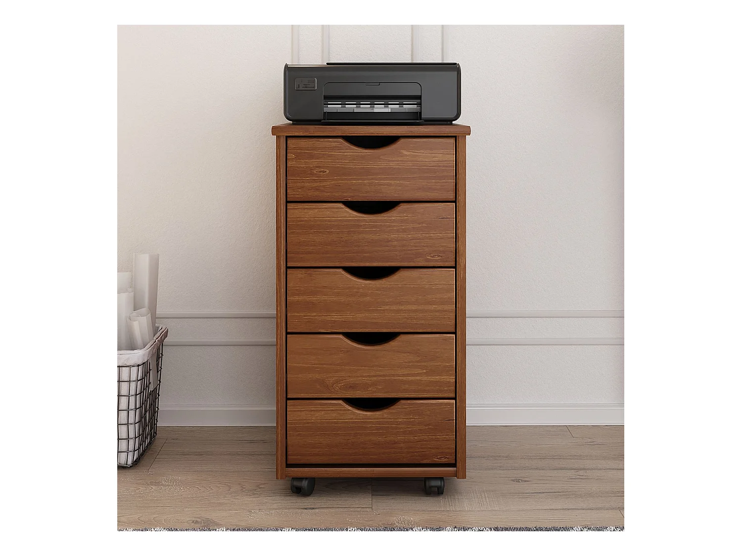 Caisson de bureau LAGOS L 35 cm, en bois massif, meuble de rangement sur roulettes avec 5 tiroirs, coloris brun foncé