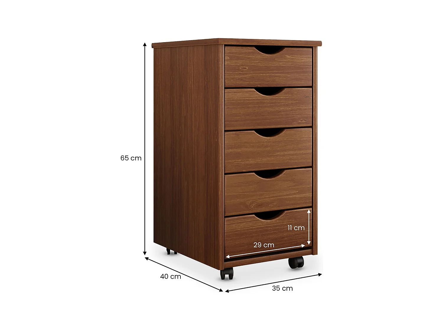 Caisson de bureau LAGOS L 35 cm, en bois massif, meuble de rangement sur roulettes avec 5 tiroirs, coloris brun foncé