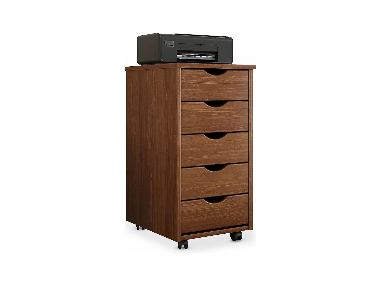 Caisson de bureau LAGOS L 35 cm, en bois massif, meuble de rangement sur roulettes avec 5 tiroirs, coloris brun foncé
