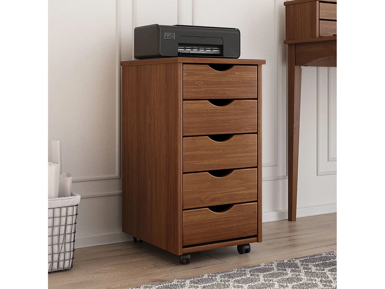 Caisson de bureau LAGOS L 35 cm, en bois massif, meuble de rangement sur roulettes avec 5 tiroirs, coloris brun foncé