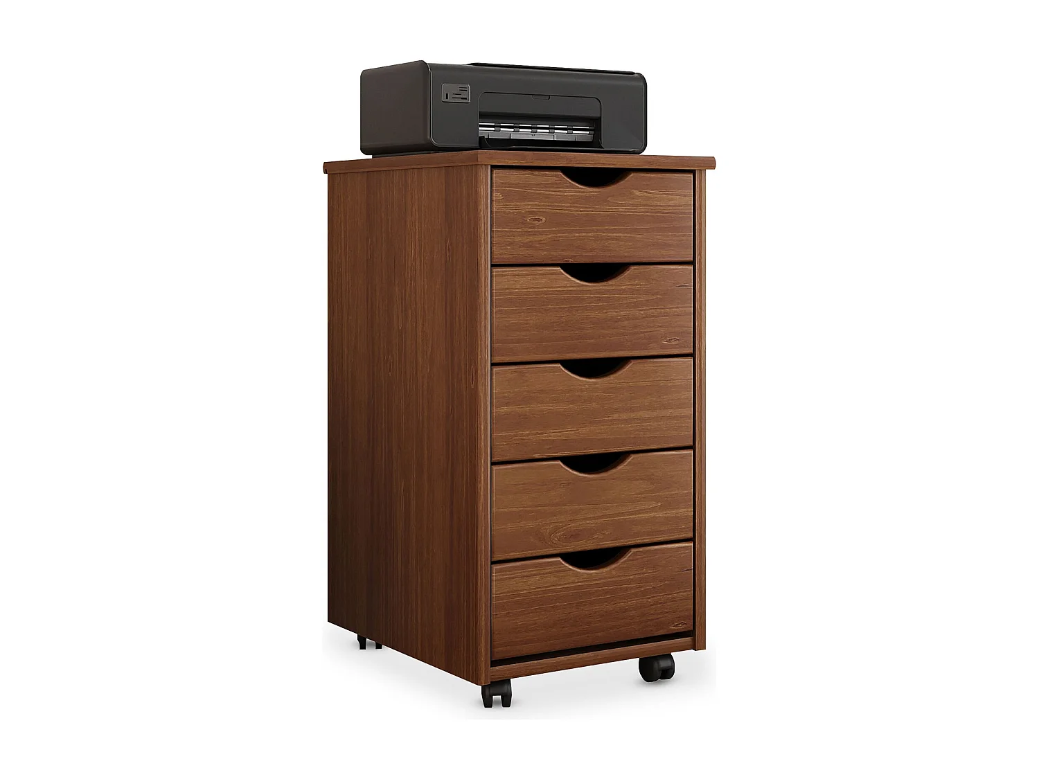 Caisson de bureau LAGOS L 35 cm, en bois massif, meuble de rangement sur roulettes avec 5 tiroirs, coloris brun foncé