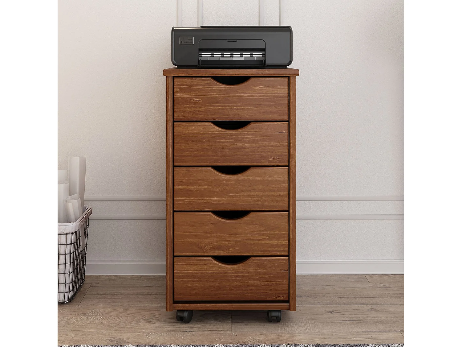 Caisson de bureau LAGOS L 35 cm, en bois massif, meuble de rangement sur roulettes avec 5 tiroirs, coloris brun foncé