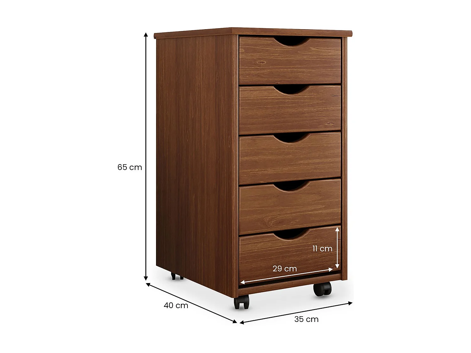 Caisson de bureau LAGOS L 35 cm, en bois massif, meuble de rangement sur roulettes avec 5 tiroirs, coloris brun foncé