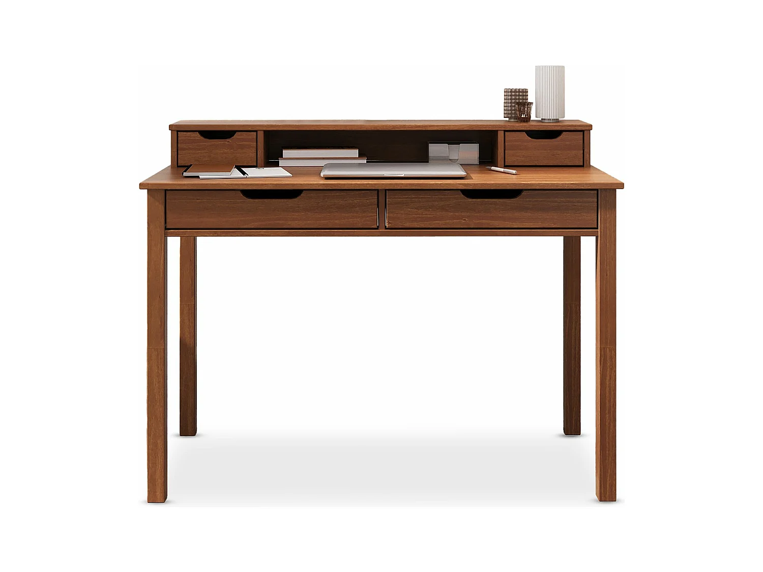 Bureau RAUL L 114 cm en bois massif coloris châtaignier avec quatre tiroirs et une niche réhausse écran intégrée
