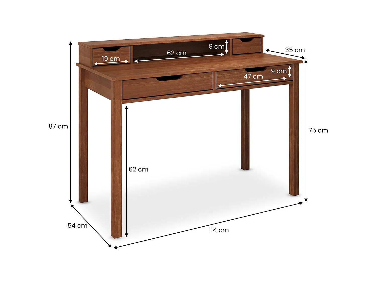 Bureau RAUL L 114 cm en bois massif coloris châtaignier avec quatre tiroirs et une niche réhausse écran intégrée
