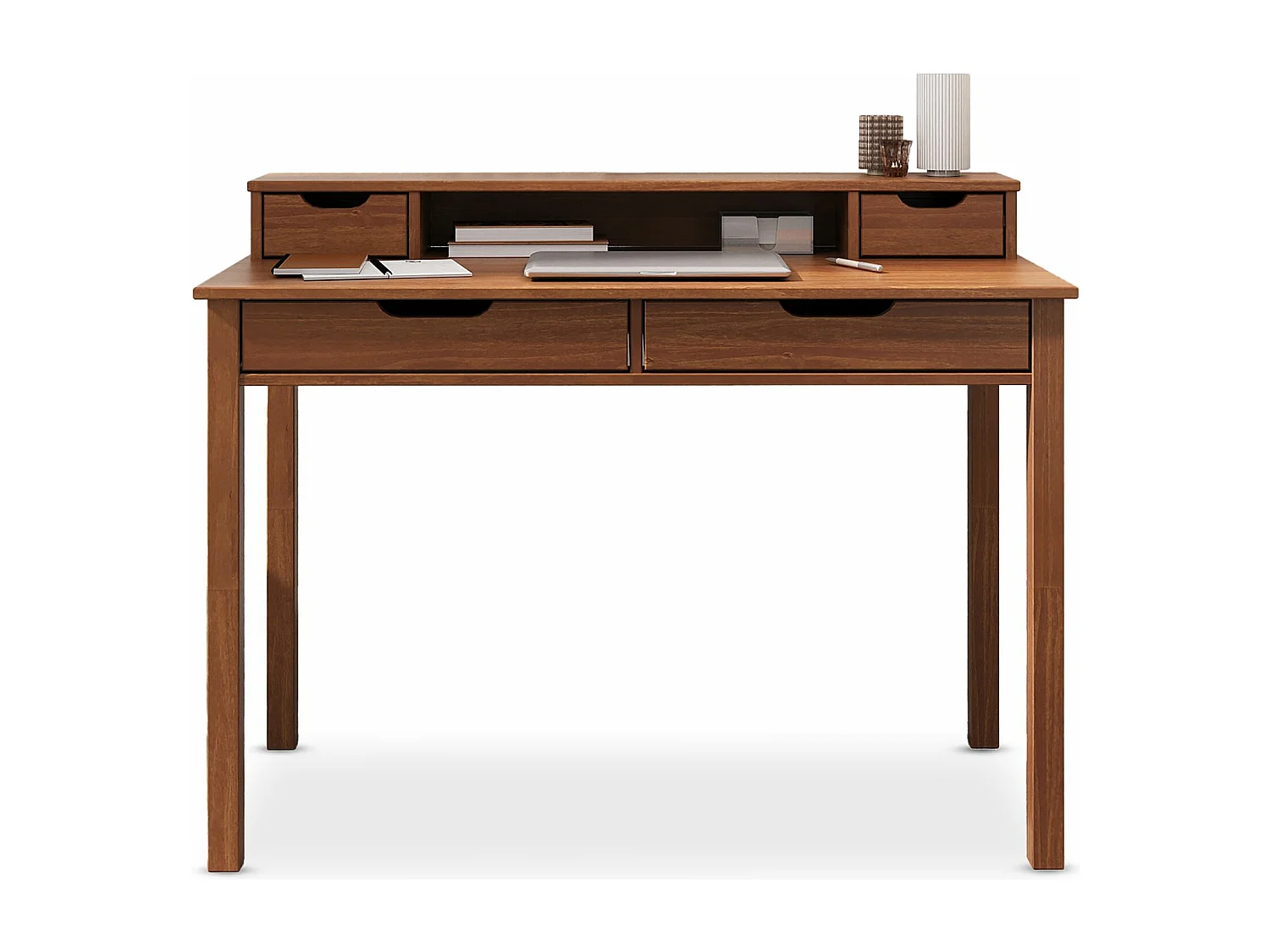 Bureau RAUL L 114 cm en bois massif coloris châtaignier avec quatre tiroirs et une niche réhausse écran intégrée