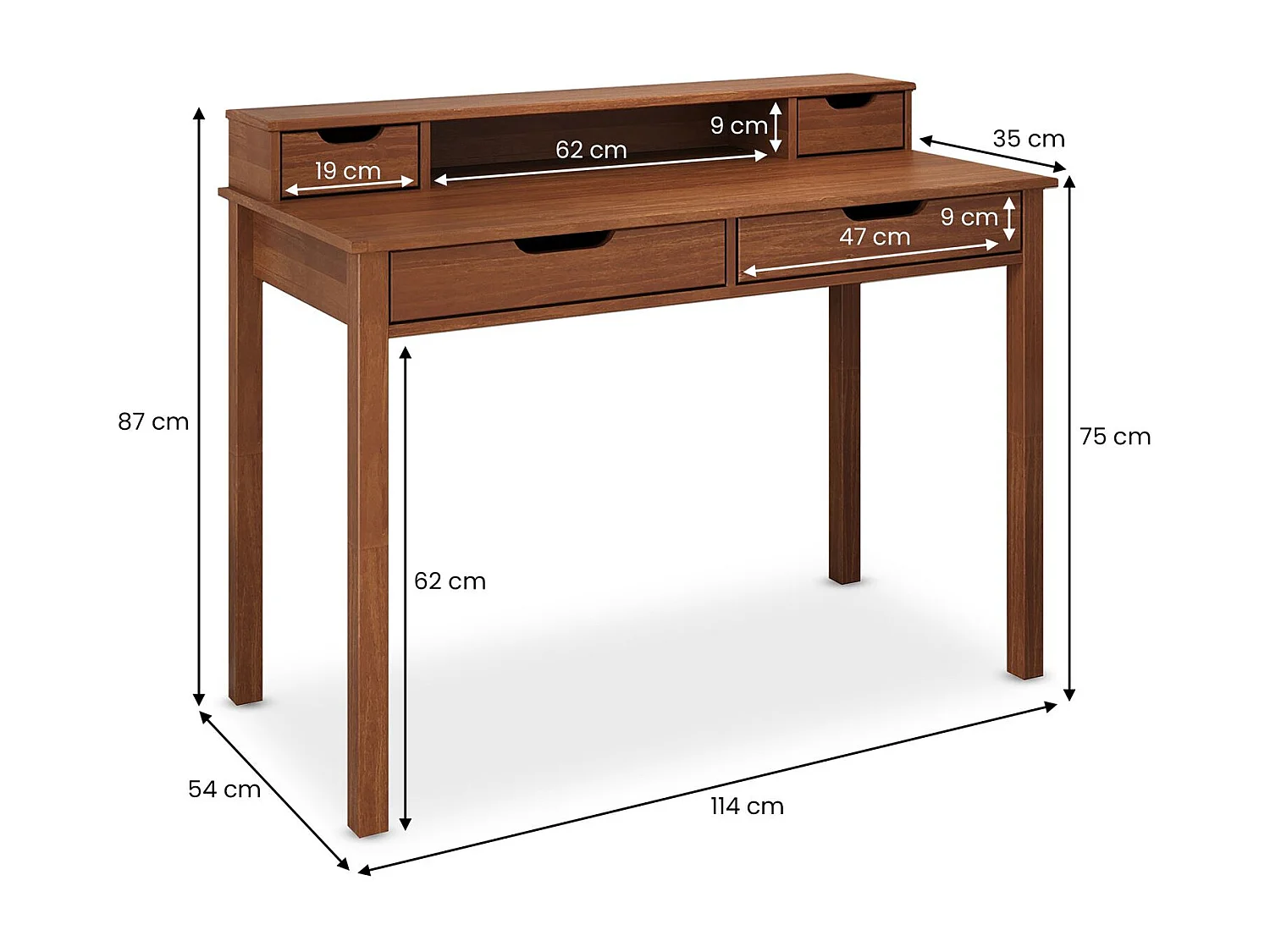 Bureau RAUL L 114 cm en bois massif coloris châtaignier avec quatre tiroirs et une niche réhausse écran intégrée