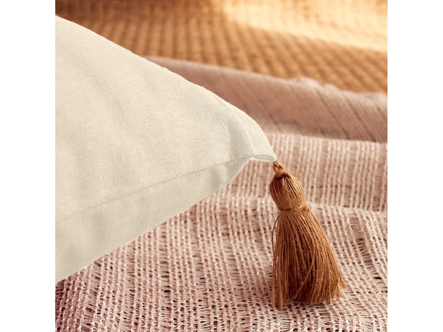 Lot de 2 coussins bohème, rectangulaire 50x70 cm, écru 100% coton, collection Panama