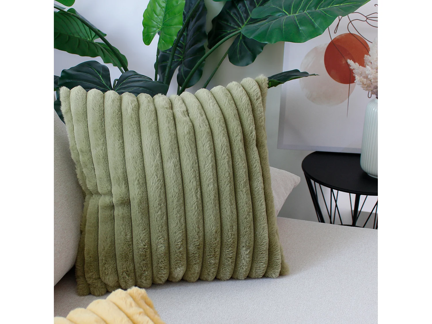 Set van 2 vierkante kussens, geribbeld imitatiebont, 40x40cm, olijfgroen, collectie Matisse