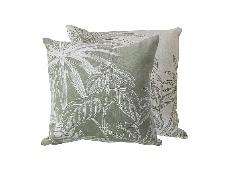 Lot de 2 Coussins déhoussables, carré 40x40cm, Olive Ecru, Recto Verso Inversé, Motif Jungle Tropical, Collection Mambo