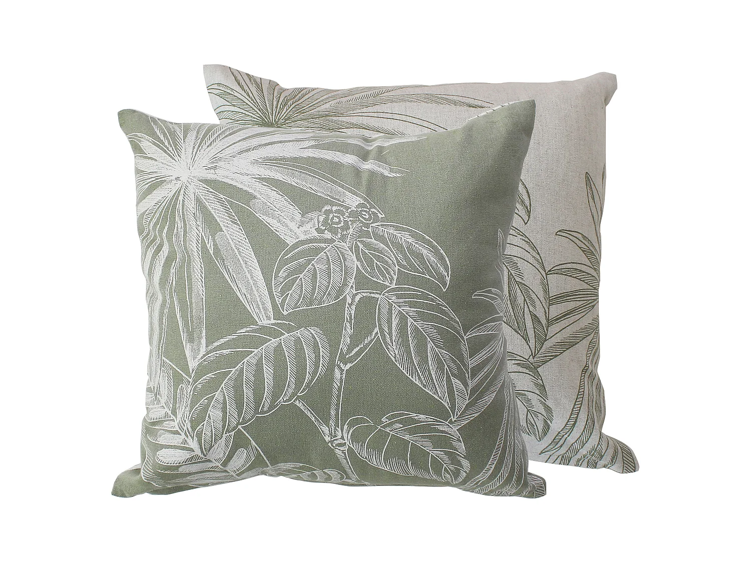 Lot de 2 Coussins déhoussables, carré 40x40cm, Olive Ecru, Recto Verso Inversé, Motif Jungle Tropical, Collection Mambo