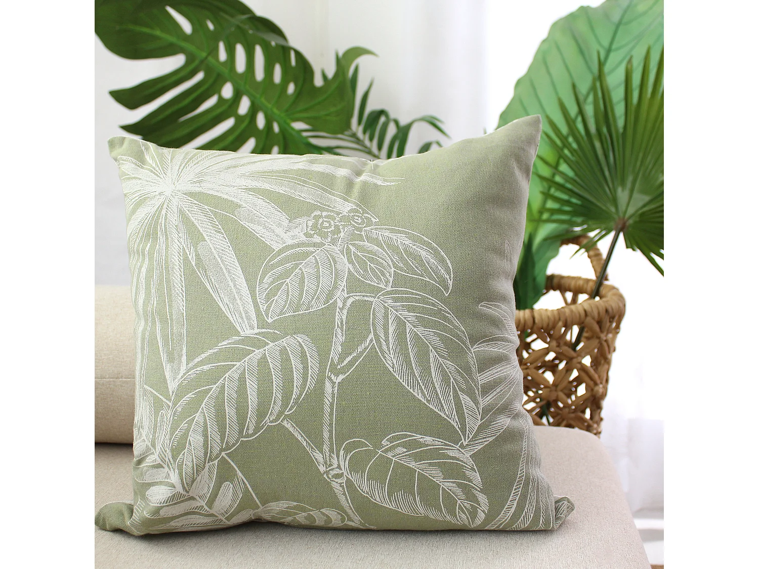 Lot de 2 Coussins déhoussables, carré 40x40cm, Olive Ecru, Recto Verso Inversé, Motif Jungle Tropical, Collection Mambo