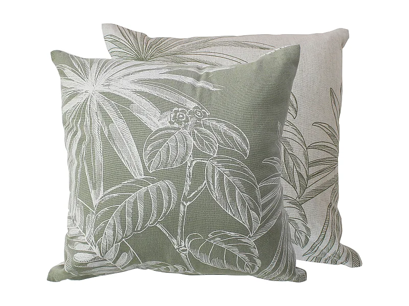 Lot de 2 Coussins déhoussables, carré 40x40cm, Olive Ecru, Recto Verso Inversé, Motif Jungle Tropical, Collection Mambo