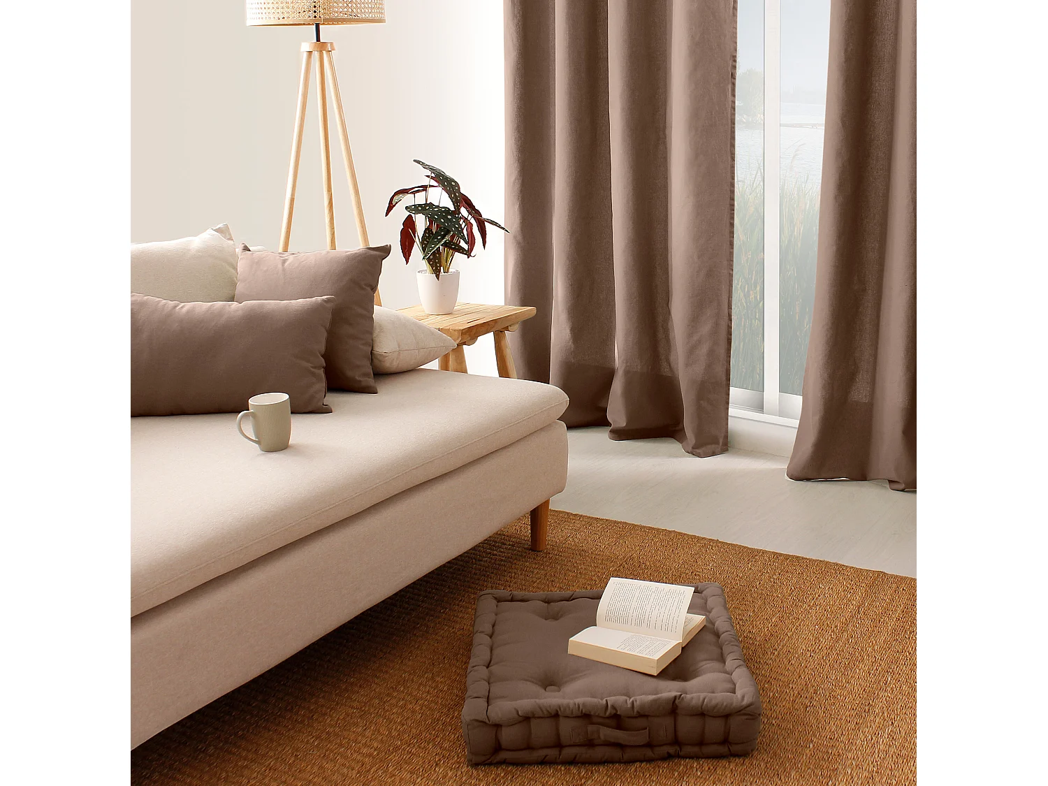 Lot de 2 Coussins déhoussables, carré 60x60cm, 100% coton, Collection Panama, CMADECO - Marron