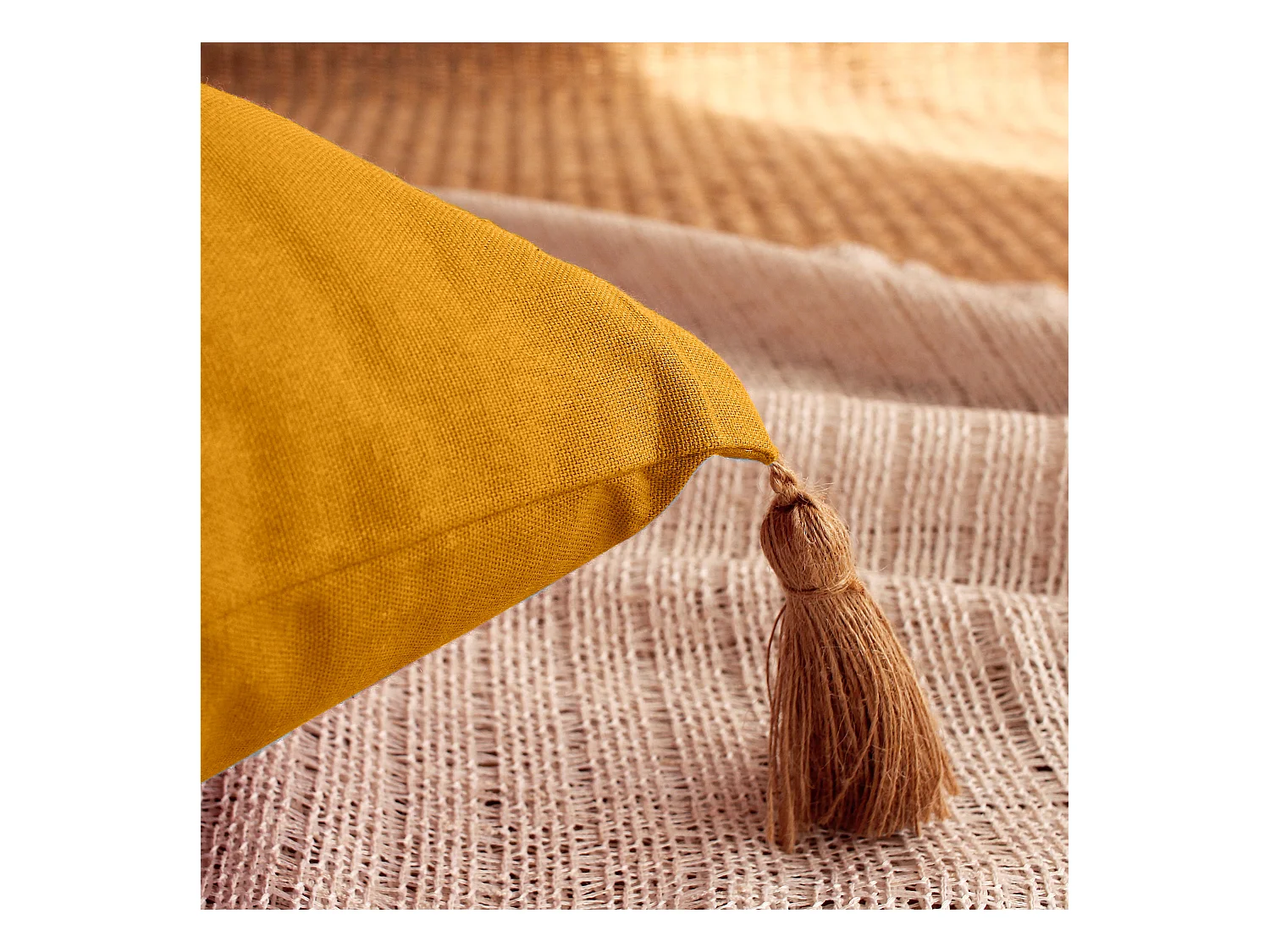 Lot de 2 coussins bohème, rectangulaire 50x70 cm, jaune moutarde, 100% coton, collection Panama