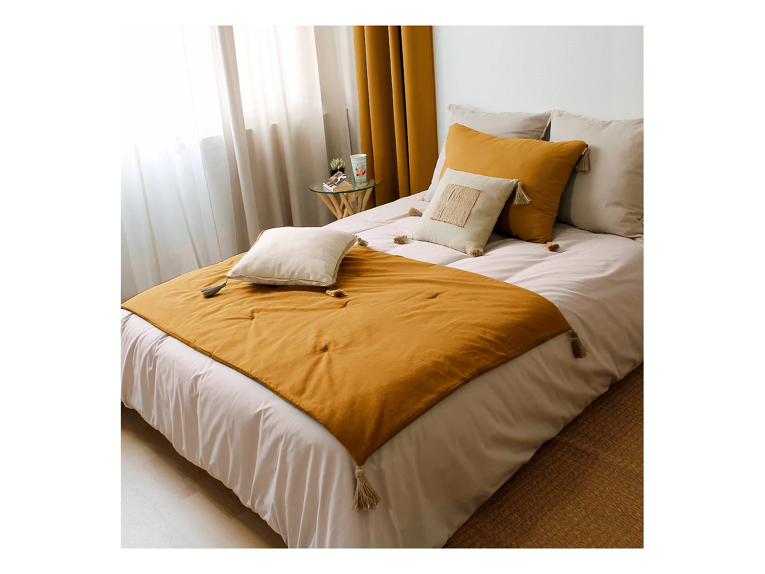 Lot de 2 coussins bohème, rectangulaire 50x70 cm, jaune moutarde, 100% coton, collection Panama