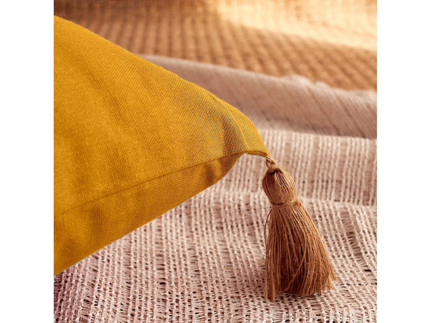 Lot de 2 coussins bohème, rectangulaire 50x70 cm, jaune moutarde, 100% coton, collection Panama