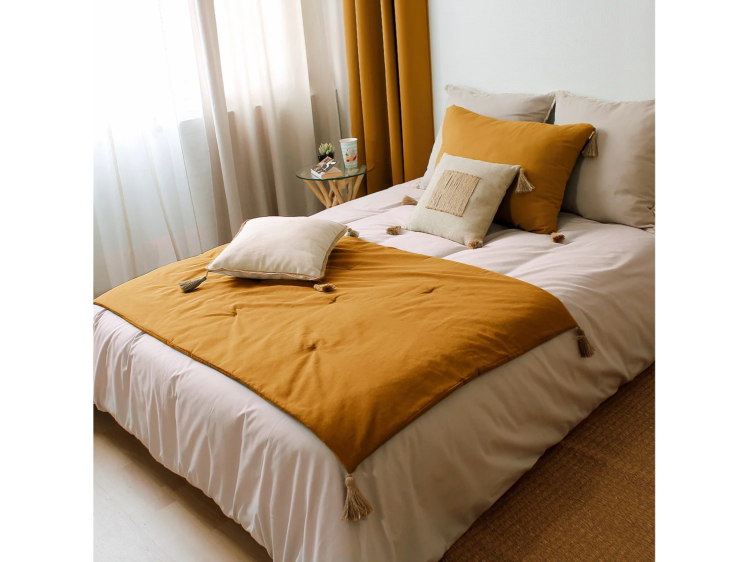 Lot de 2 coussins bohème, rectangulaire 50x70 cm, jaune moutarde, 100% coton, collection Panama