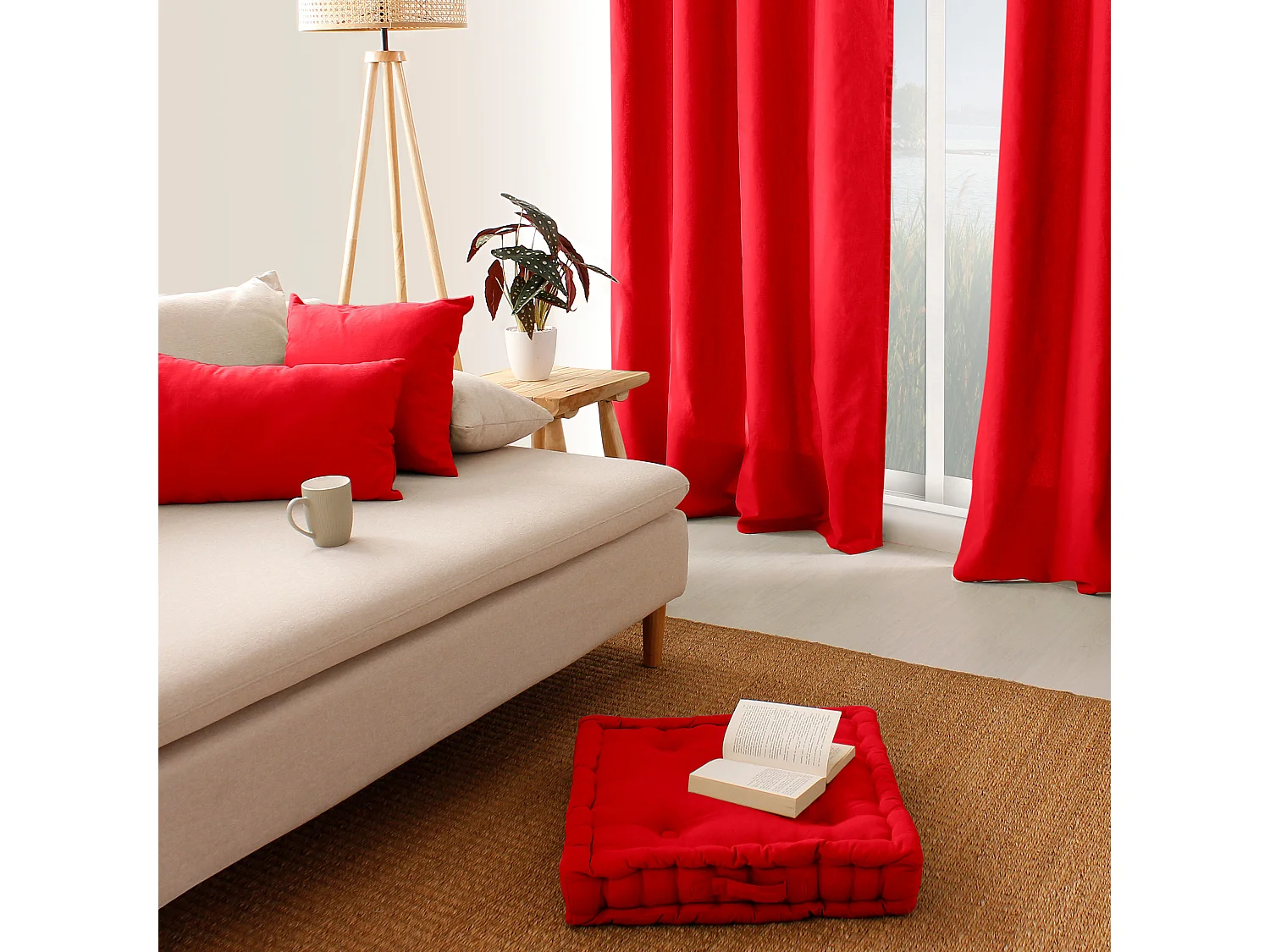 Lot de 2 coussins déhoussables, carré 60x60cm, rouge, 100% coton, collection Panama