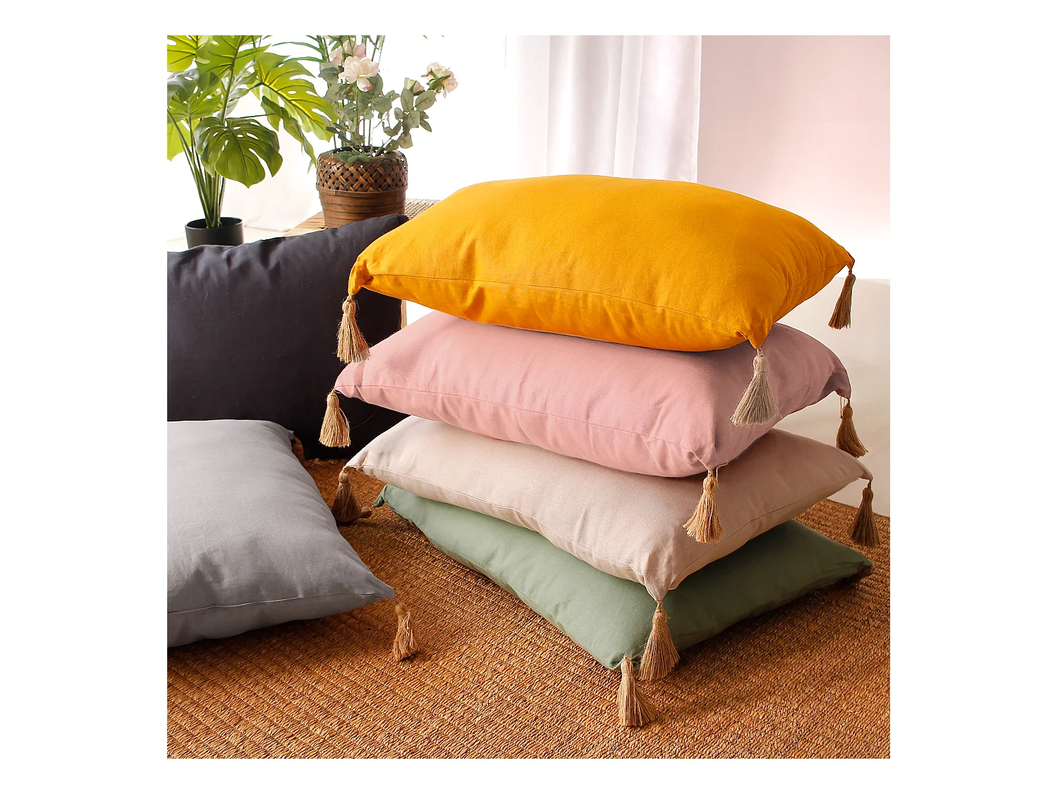 Lot de 2 coussins bohème, rectangulaire 50x70 cm, bleu marine, 100% coton, collection Panama