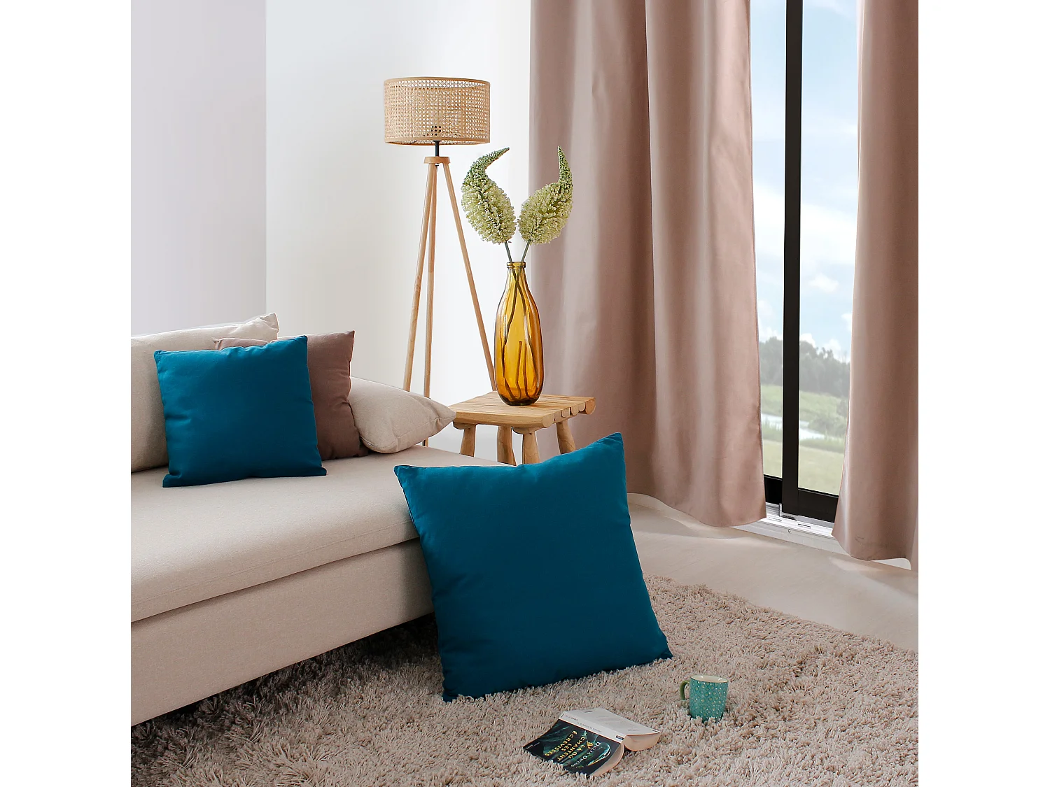 Set van 2 afneembare kussenhoezen, vierkant 60x60cm, eendblauw, 100% katoen, Panama collectie