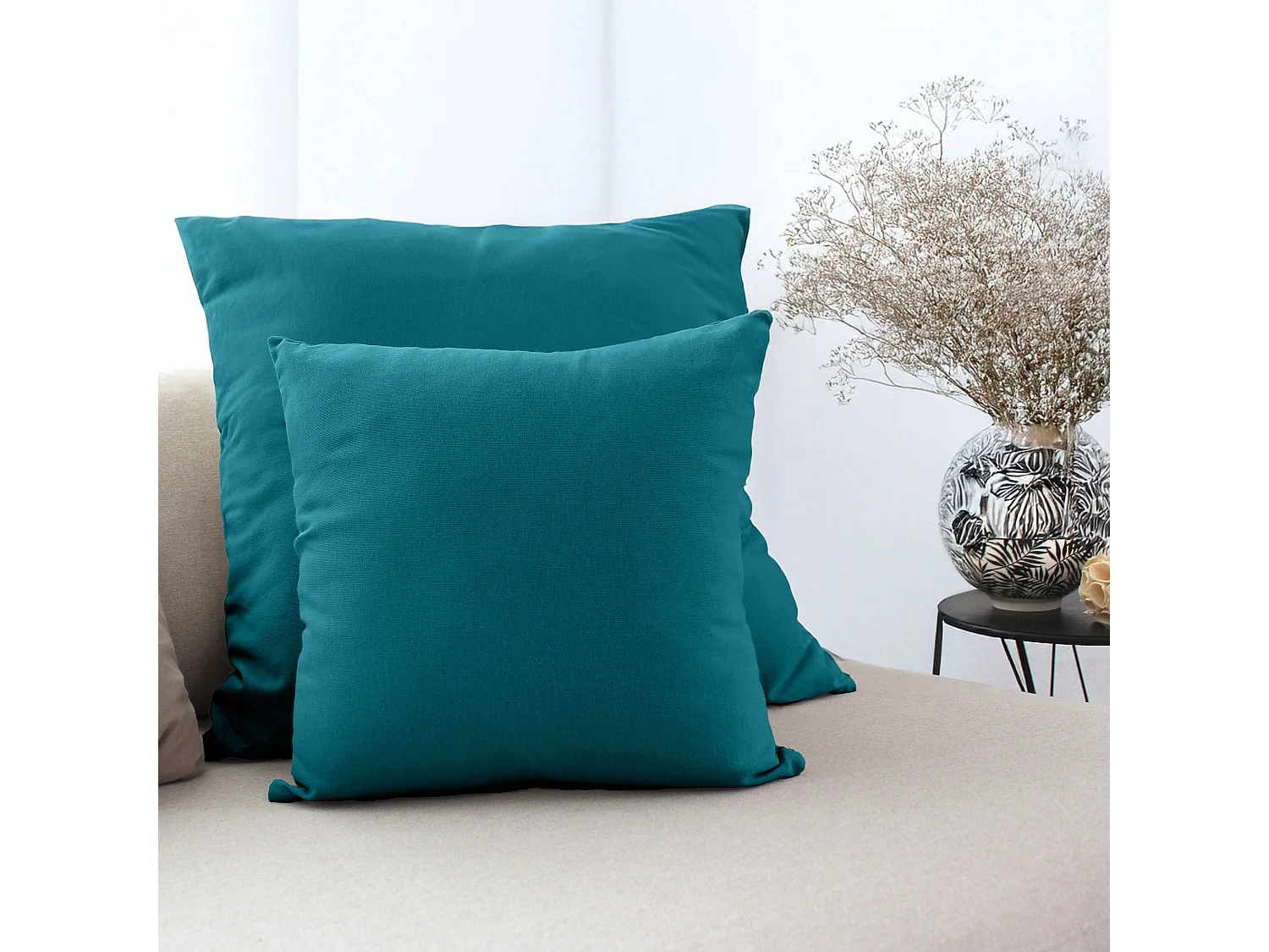 Set van 2 afneembare kussenhoezen, vierkant 60x60cm, eendblauw, 100% katoen, Panama collectie
