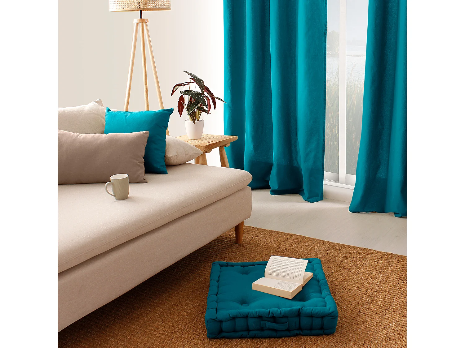 Set van 2 afneembare kussenhoezen, vierkant 60x60cm, eendblauw, 100% katoen, Panama collectie