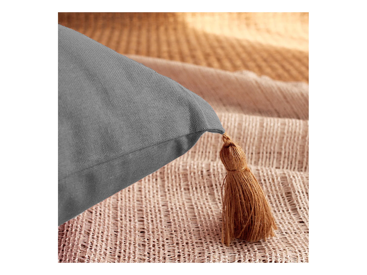 Lot de 2 coussins bohème, rectangulaire 50x70 cm, gris clair, 100% coton, collection Panama