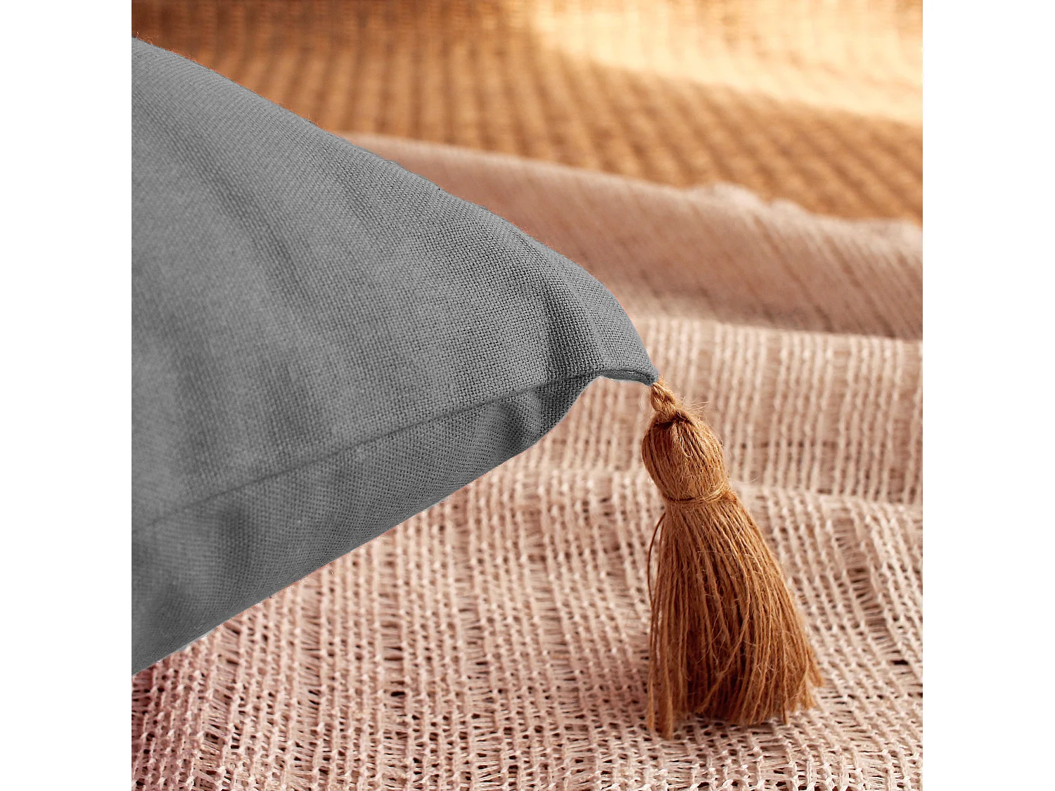 Lot de 2 coussins bohème, rectangulaire 50x70 cm, gris clair, 100% coton, collection Panama